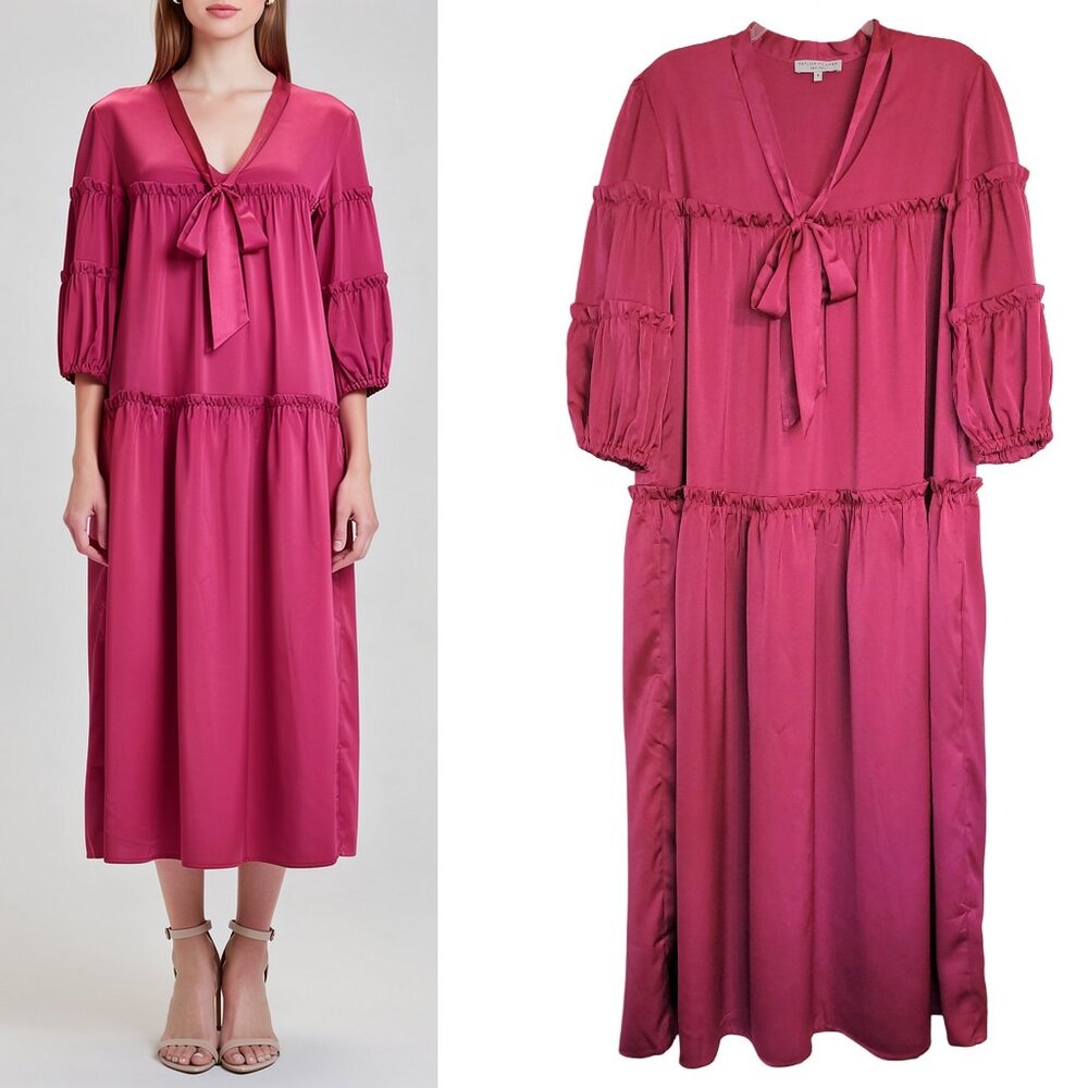 Taylor Tillman Satin Tiered Bow Neck Midi Maxi Dress